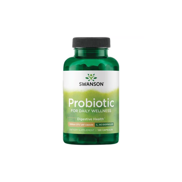 Swanson Probiotic for Daily Wellness offers 120 capsules per bottle, each with 8 billion CFU and Lactobacillus acidophilus to support digestion and promote digestive health.